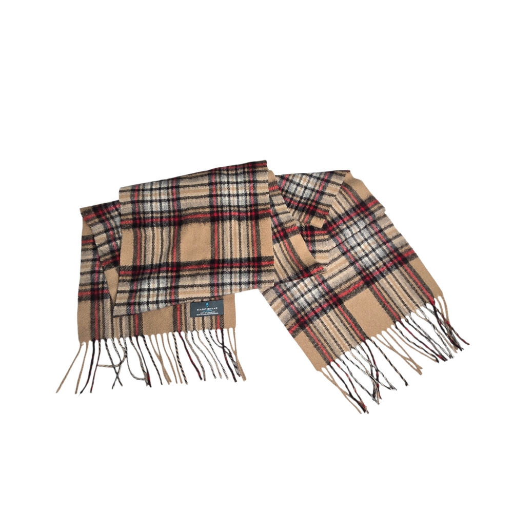 MARCHBRAE Edinburgh 100% Cashmere Scarf Tan Plaid Fringe 65" x 11"